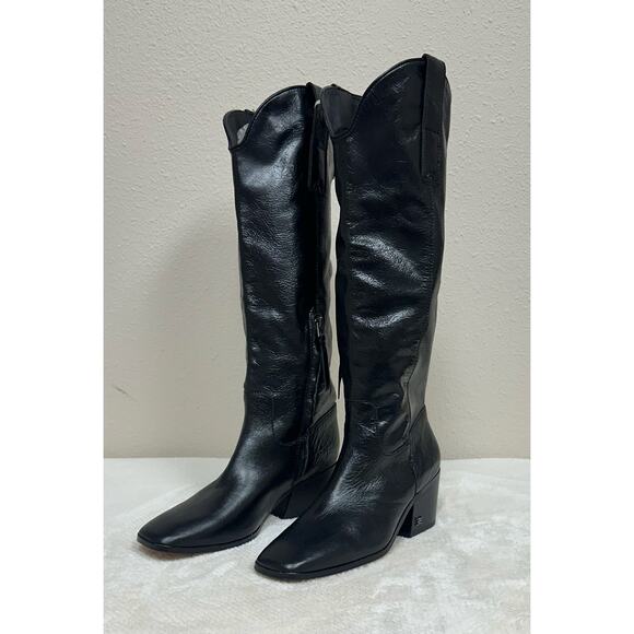 Women’s Sam Edelman Black Leather Tall Western Boots – Square Toe Zip Style - Picture 1 of 8